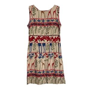 Pine Cove Vintage Safari Novelty Print Linen Blend Sheath Dress Beige Red Sz 6